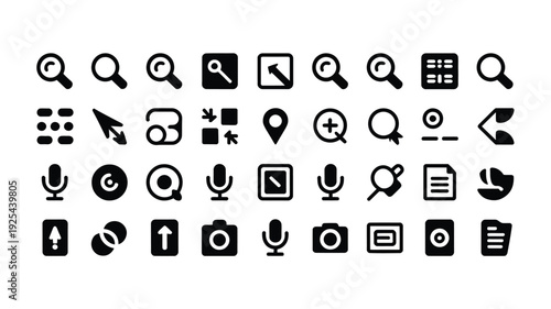 Collection of black and white icons for search media and communication on a white background for digital and design projects