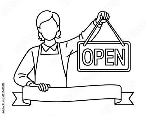 A person wearing an apron holding an open sign with a blank banner below isolated on transparent background