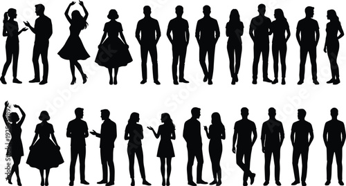 People silhouette collection featuring men and women standing, walking, talking and dancing poses isolated for lifestyle, social interaction and character design