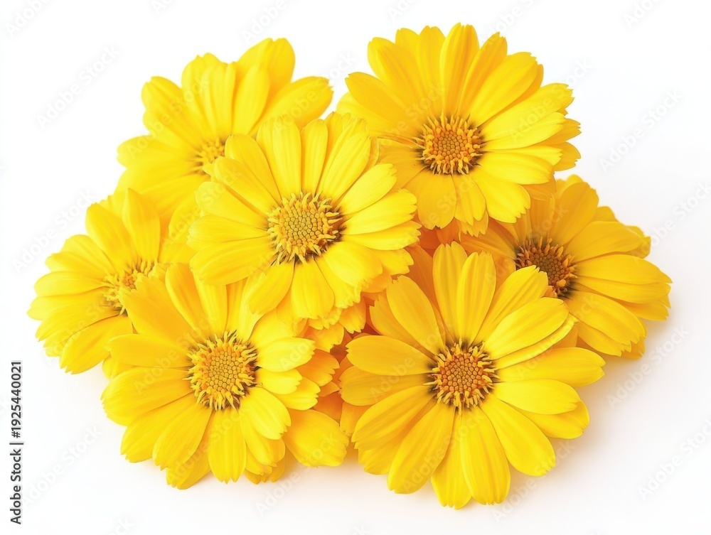 Naklejka premium A cluster of vibrant yellow calendula officinalis flowers rests against a clean white background