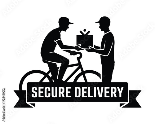 Illustrative silhouette of a bicycle courier delivering a package to a recipient with a secure delivery emblem