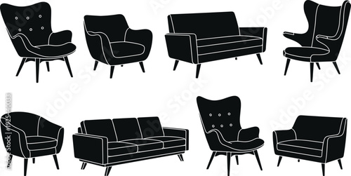 Modern Sofa and Armchair Silhouette Collection Featuring Contemporary Living Room Seating Furniture Designs for Interior Decoration and Home Styling Illustration