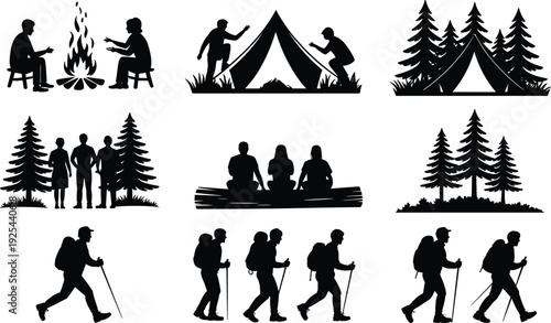 Camping and hiking silhouettes, outdoor adventure vector, tent and campfire icons, trekking pole illustration, nature exploration art, wilderness activity graphics collection