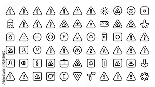 Collection of warning signs and symbols for caution and alertness in various formats