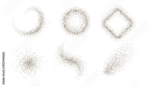 Abstract shapes of small particles, dust, sand, or glitter, textured grain.