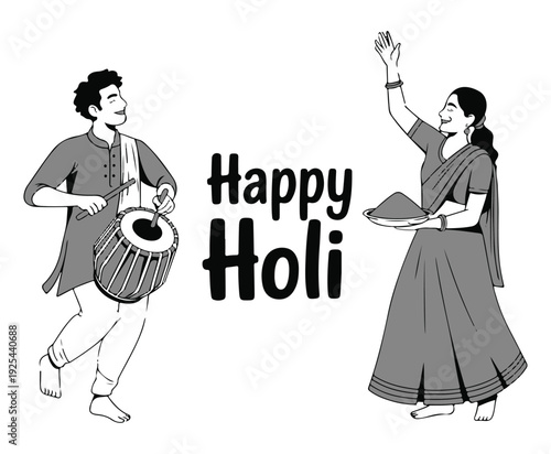 Indian Couple Celebrating Happy Holi with Drum and Colors