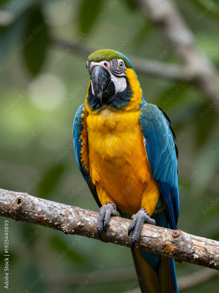 Obraz premium Vibrant Blue And Yellow Macaw Parrot Perched On A Branch In A Natural Jungle Setting