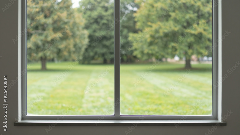 Fototapeta premium View Of Green Lawn And Trees Through A Double-Pane Window, Modern Home Interior