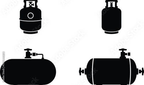 Gas Cylinder and Storage Tank Silhouette Set Showing Industrial Fuel Containers, Propane Tanks and Energy Supply Equipment Illustration