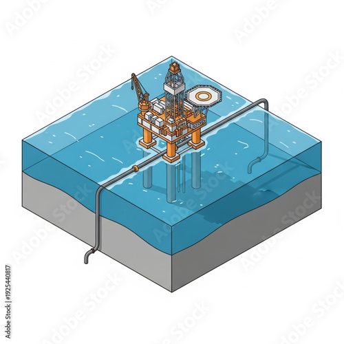 Offshore oil rig platform in the ocean with pipelines.
