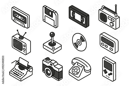 Isometric retro technology icons featuring vintage devices and gadgets
