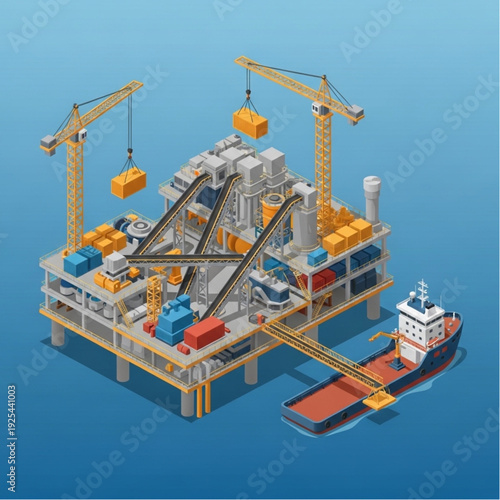 Industrial offshore oil rig platform with cranes and supply ship.