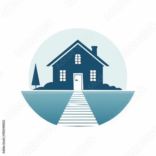 A charming blue house with a path leading to it in a serene environment