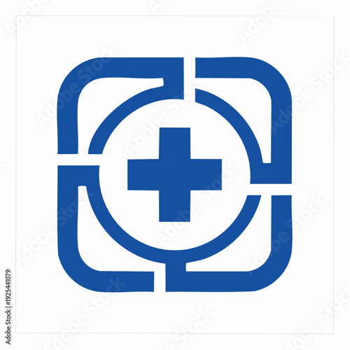 Blue medical cross inside a square frame with rounded corners, symbolizing healthcare