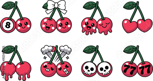 Cartoon cherries, expressive fruit, cherry illustration, cute faces, emotional design, creative artwork, lucky cherries, spooky cherries, playful fruit, character set, design