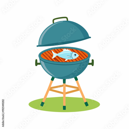 Cartoon illustration of a barbecue grill with a fish cooking inside.