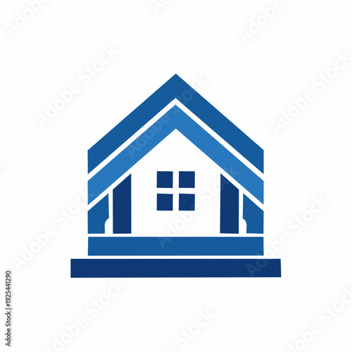 Simple Blue Geometric House Icon with Windows and Rooflines on White Background