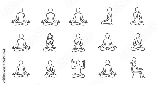 Collection of diverse yoga poses and meditation postures in line art style.