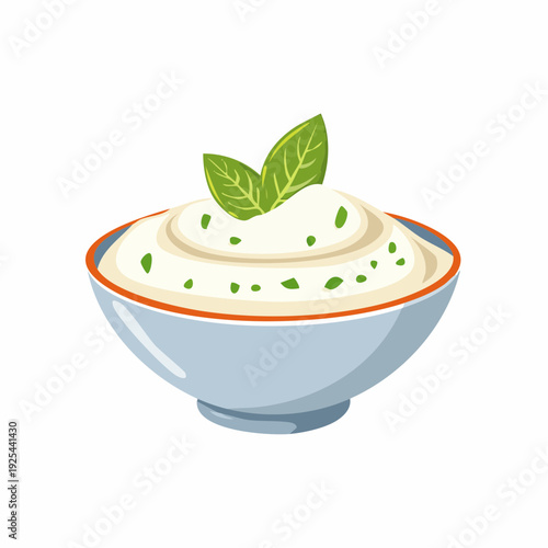 Creamy dip in a ceramic bowl with basil leaves garnish, isolated illustration