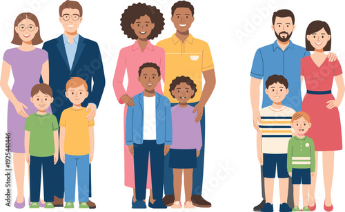 Cartoon families, diversity, parents and children, family illustration, happy families, group portrait, family unity, parenting, childhood, family lifestyle, togetherness