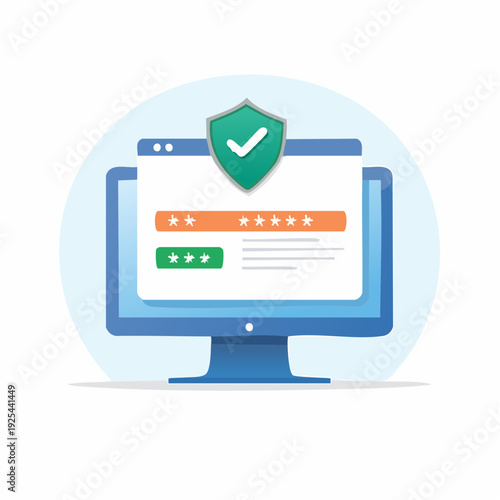 Computer Screen with Shield and Password Fields Demonstrating Security and Access Control