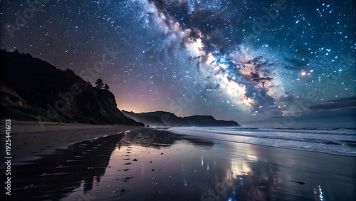 Night beach with stars and milky way in the sky over cliffs and wet sand shoreline reflecting stars 