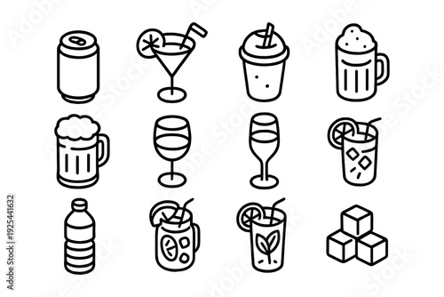 Icon set of popular drinks in minimalist line art style