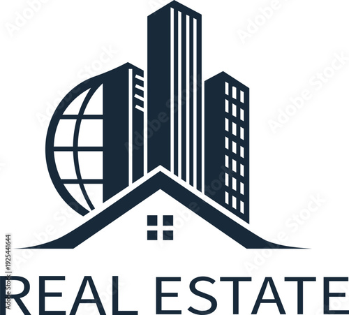 This logo embodies the essence of the real estate industry, integrating elements of urban architecture and global interconnectedness. Featuring a stylized house and skyscrapers against a globe backdro