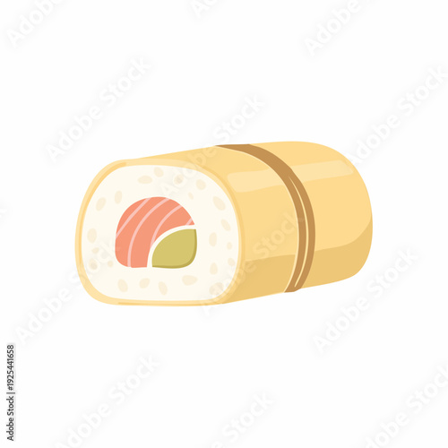 Fresh tamago sushi roll with salmon, avocado, and nori band detail, culinary delicacy.