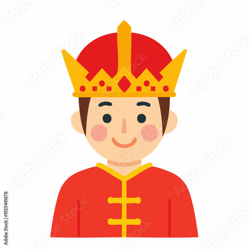 Cartoon illustration of a smiling man wearing traditional red robe and golden crown