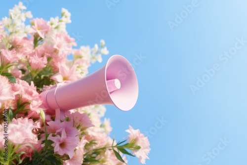 Bright pink megaphone surrounded by pink flowers under clear blue sky in springtime garden Generative AI