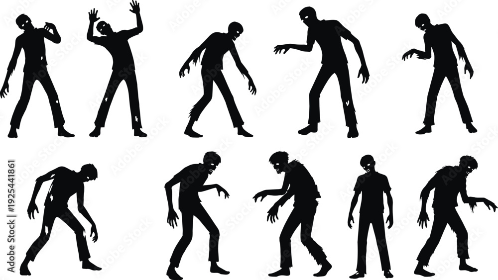 Obraz premium Scary Silhouette Collection of Undead Zombies Walking and Reaching in Creepy Poses for Halloween Horror Concept and Spooky Thriller Design Isolated on White Background
