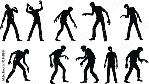 Scary Silhouette Collection of Undead Zombies Walking and Reaching in Creepy Poses for Halloween Horror Concept and Spooky Thriller Design Isolated on White Background