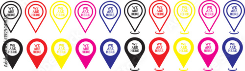 Set we here location vector icon. are you here with map icon. Location pin. Location icon set, Map pin place marker. location pointer icon symbol in flat style. Start Here Map Icon Set – Location Pin,