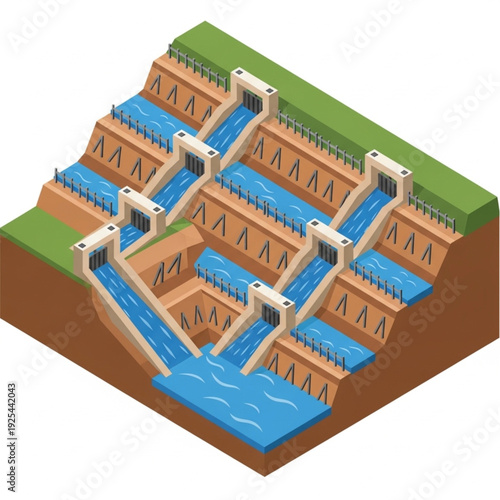 Isometric illustration of a hydroelectric dam with multiple lock systems and water flow.