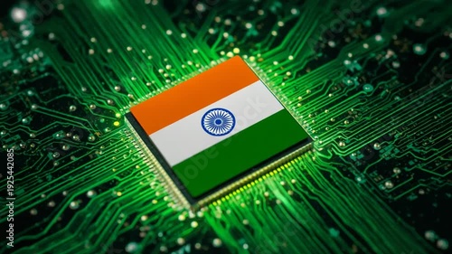 Indian Flag Microchip Centered on a Detailed Green Circuit Board technology