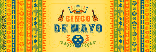 Festive Cinco de Mayo 2026 vector illustration banner with Mexican folk art elements and decorations. Festive Mexican pattern background. Great for cards, posters, banners and social media.