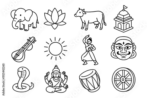 Indian culture icons set featuring elephant, lotus, and traditional elements in linear style