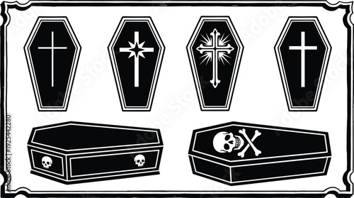 Coffin and Cross Funeral Silhouette Set Featuring Gothic Coffins, Religious Symbols and Halloween Death Theme Illustration Isolated on White Background