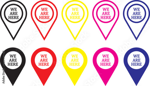 Set we here location vector icon. are you here with map icon. Location pin. Location icon set, Map pin place marker. location pointer icon symbol in flat style. Start Here Map Icon Set – Location Pin,