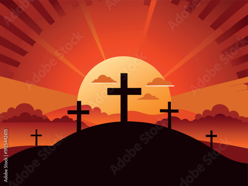 Silhouette of Three Crosses on Calvary Hill at Sunset, Christian Easter Concept Vector Illustration