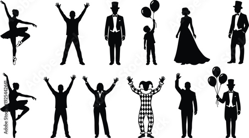 Celebration people silhouette collection featuring dancers, formal characters, clown performer and balloon figures isolated for party, event and entertainment design