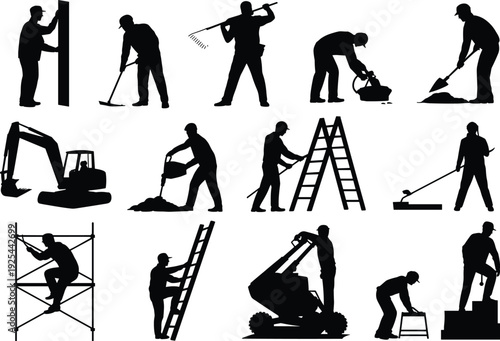 Construction silhouettes, manual labor, workers illustration, building site, heavy equipment, jackhammer, excavator, compact loader, scaffolding work, safety concept,