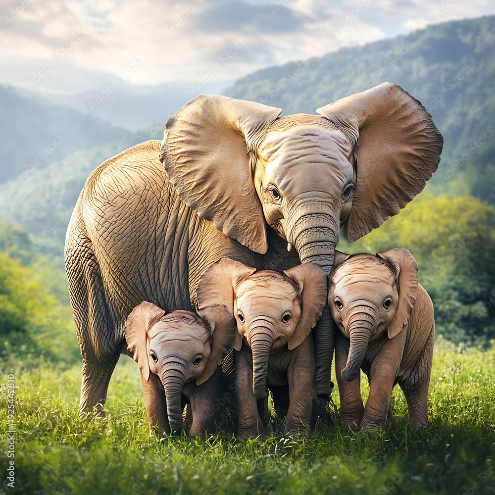 Fototapeta premium A large elephant stands protectively in front of three young elephants in a grassy field with a lush green forest and misty mountains in the background under a soft