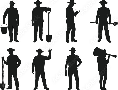 Farmer silhouettes collection set, agricultural workers with tools and guitar isolated on white background
