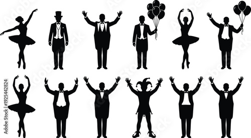 Celebration Party Silhouette Set Featuring Dancers, Entertainers and Performers with Balloons Showing Festive Event, Entertainment and Celebration Lifestyle Concept