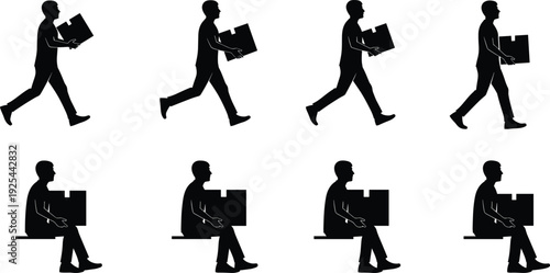Businessman Carrying Box Silhouette Set Showing Delivery Worker, Office Employee Movement and Logistics Handling Activities Isolated on White Background