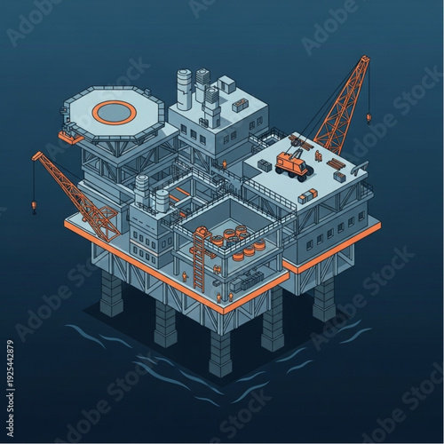 Isometric Offshore Oil Rig Platform in the Ocean.