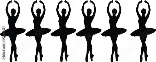Ballet dancer silhouette collection featuring classical ballerina poses isolated for dance performance, choreography practice, theater art and graceful movement illustration