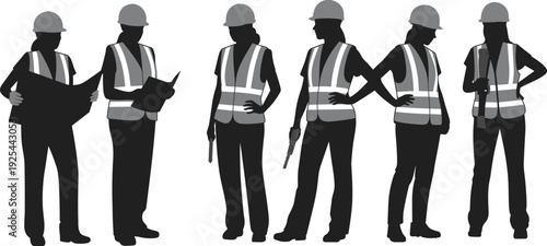 Construction worker silhouettes, safety gear vector, hard hat icons, reflective vest illustration, building site graphics, teamwork construction art, labor silhouettes collection